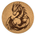 Dragon and Sphere Embrace Round Cork Coaster – Fantasy Creature