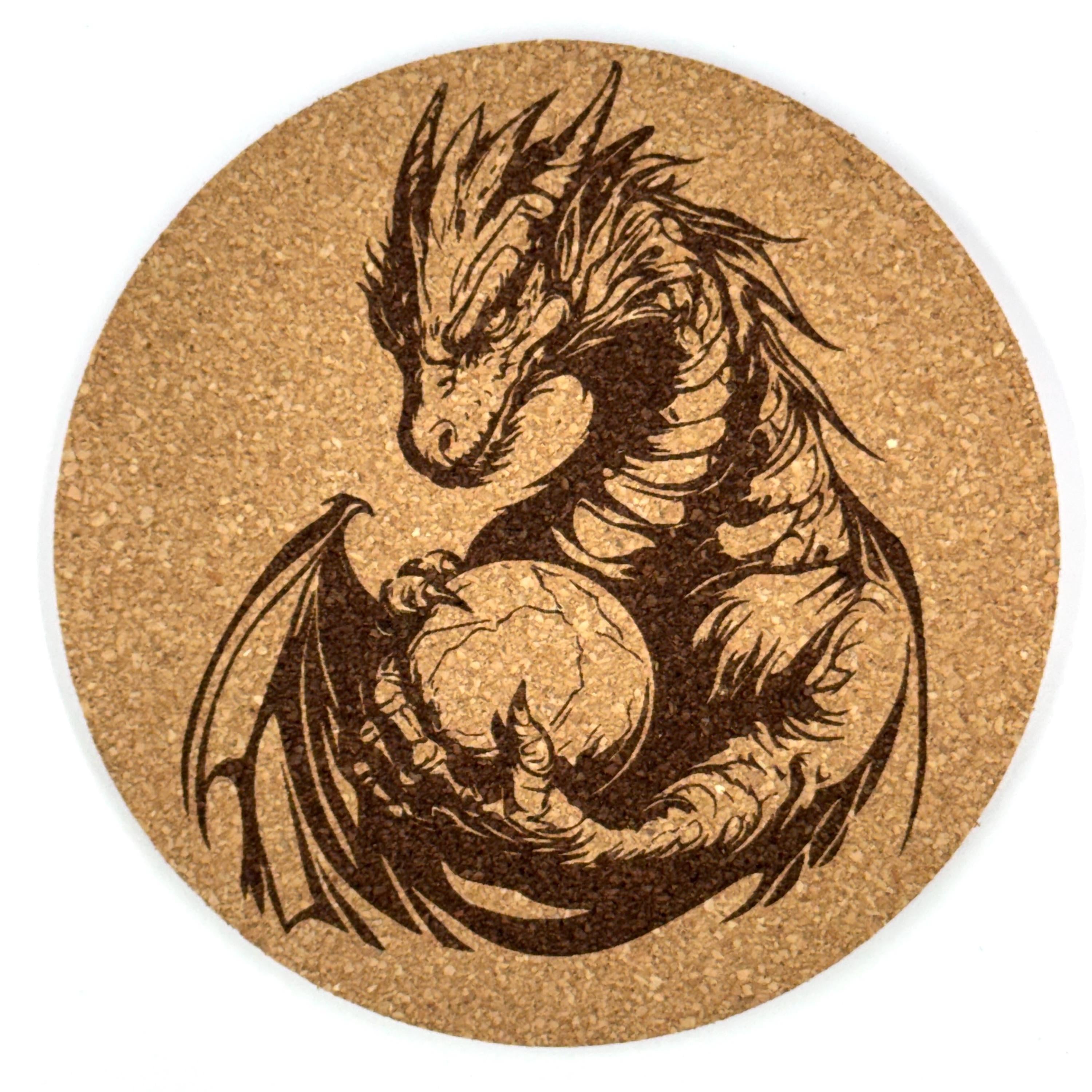 Dragon and Sphere Embrace Round Cork Coaster – Fantasy Creature
