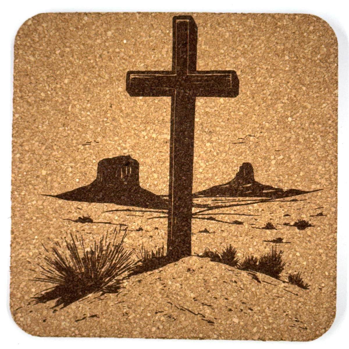 Desert Butte Cross Laser Engraved Cork Coaster