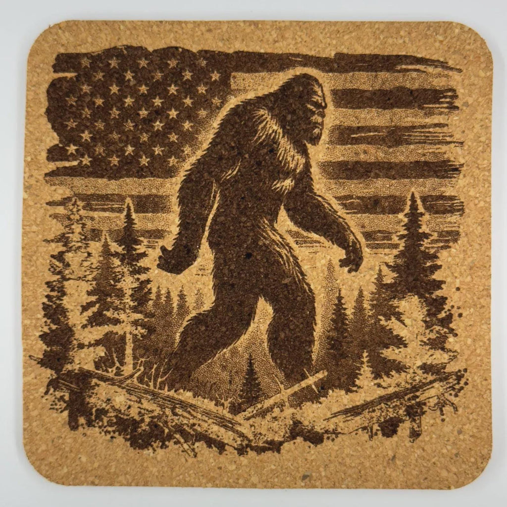 Bigfoot American Flag Cork Coaster: Patriotic Sasquatch Cabin Decor