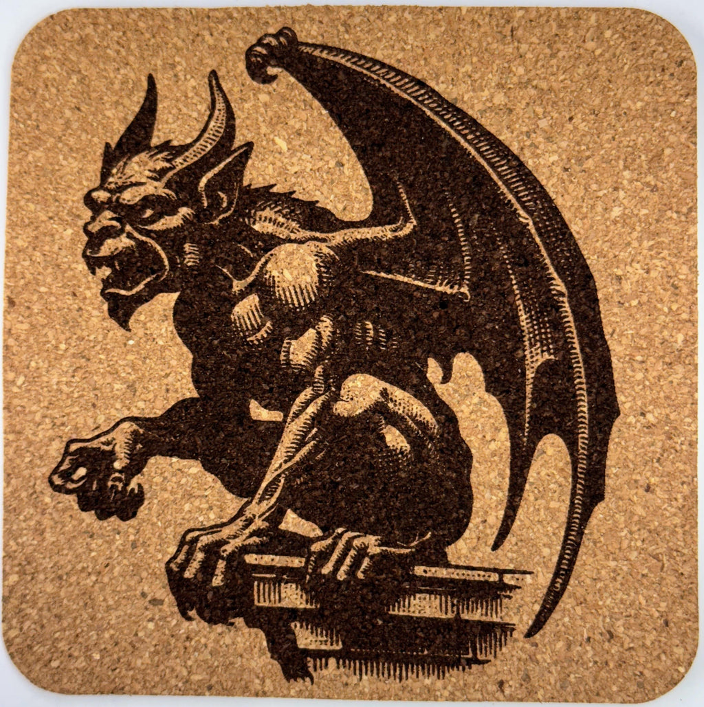 Winged Gargoyle Perched on Stone – Gothic Cork Coaster