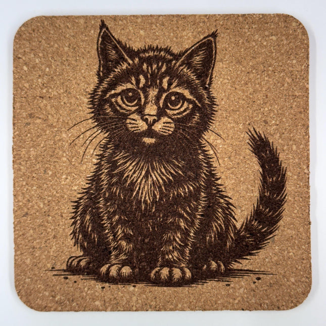 Vintage Kitten Portrait – Engraved Cat Cork Coaster