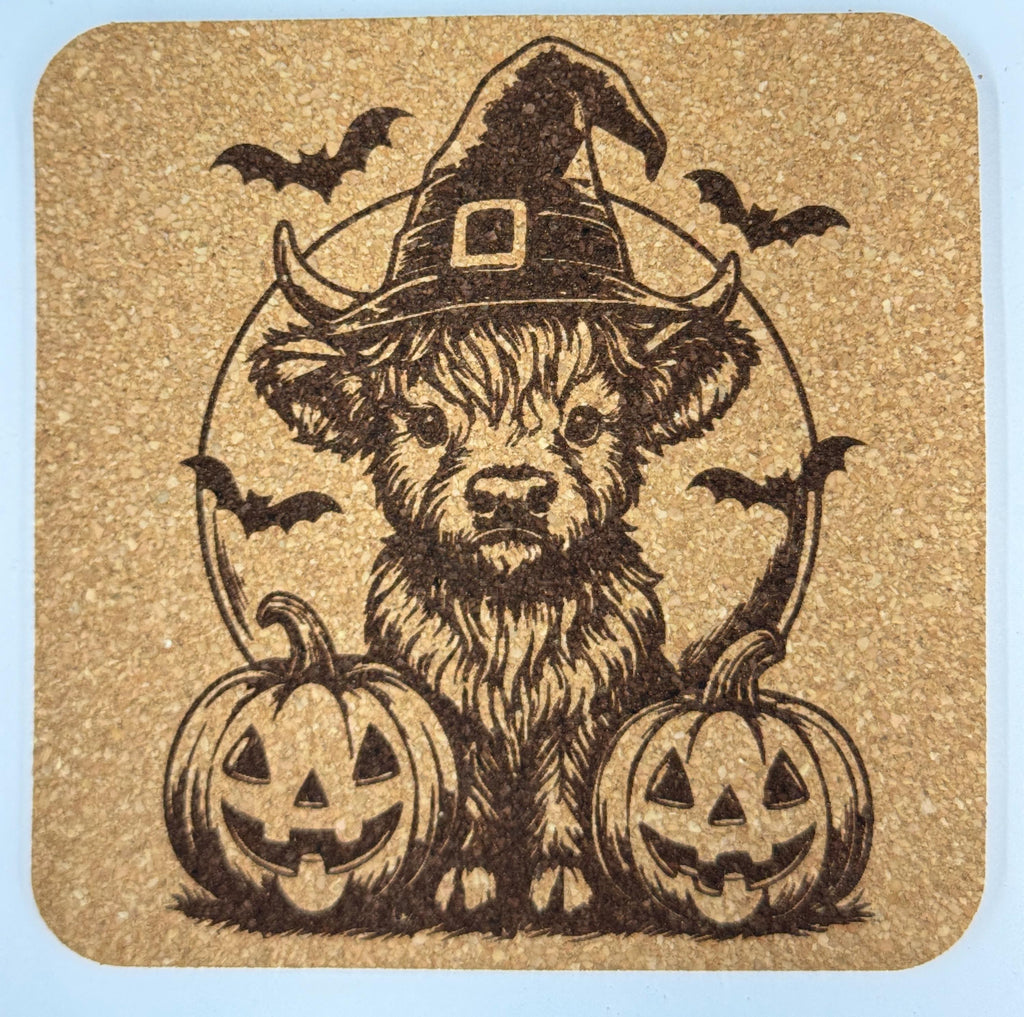 Halloween Highland Cow Cork Coaster – Witch Hat & Jack-o’-Lanterns
