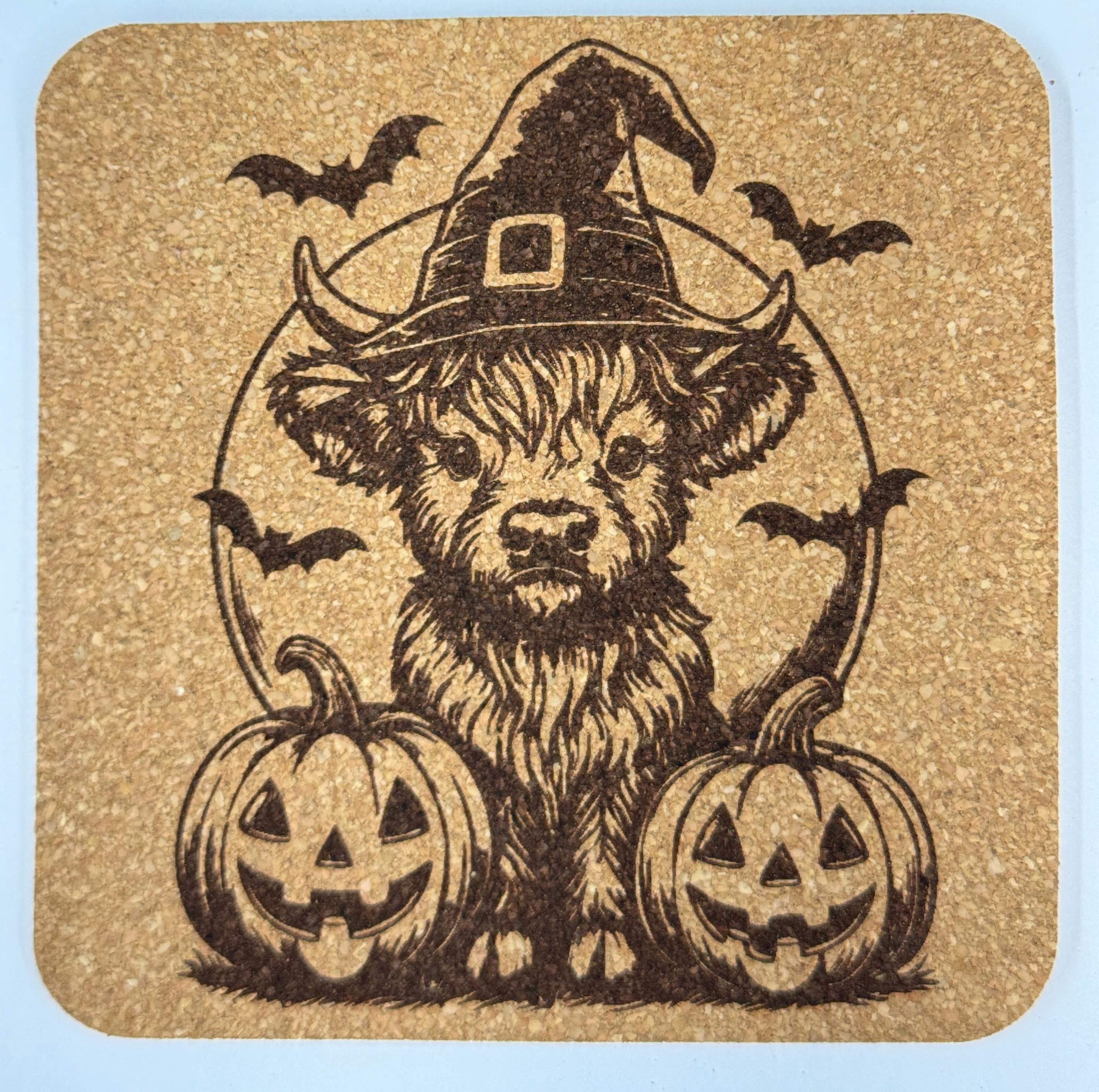 Halloween Highland Cow Cork Coaster – Witch Hat & Jack-o’-Lanterns