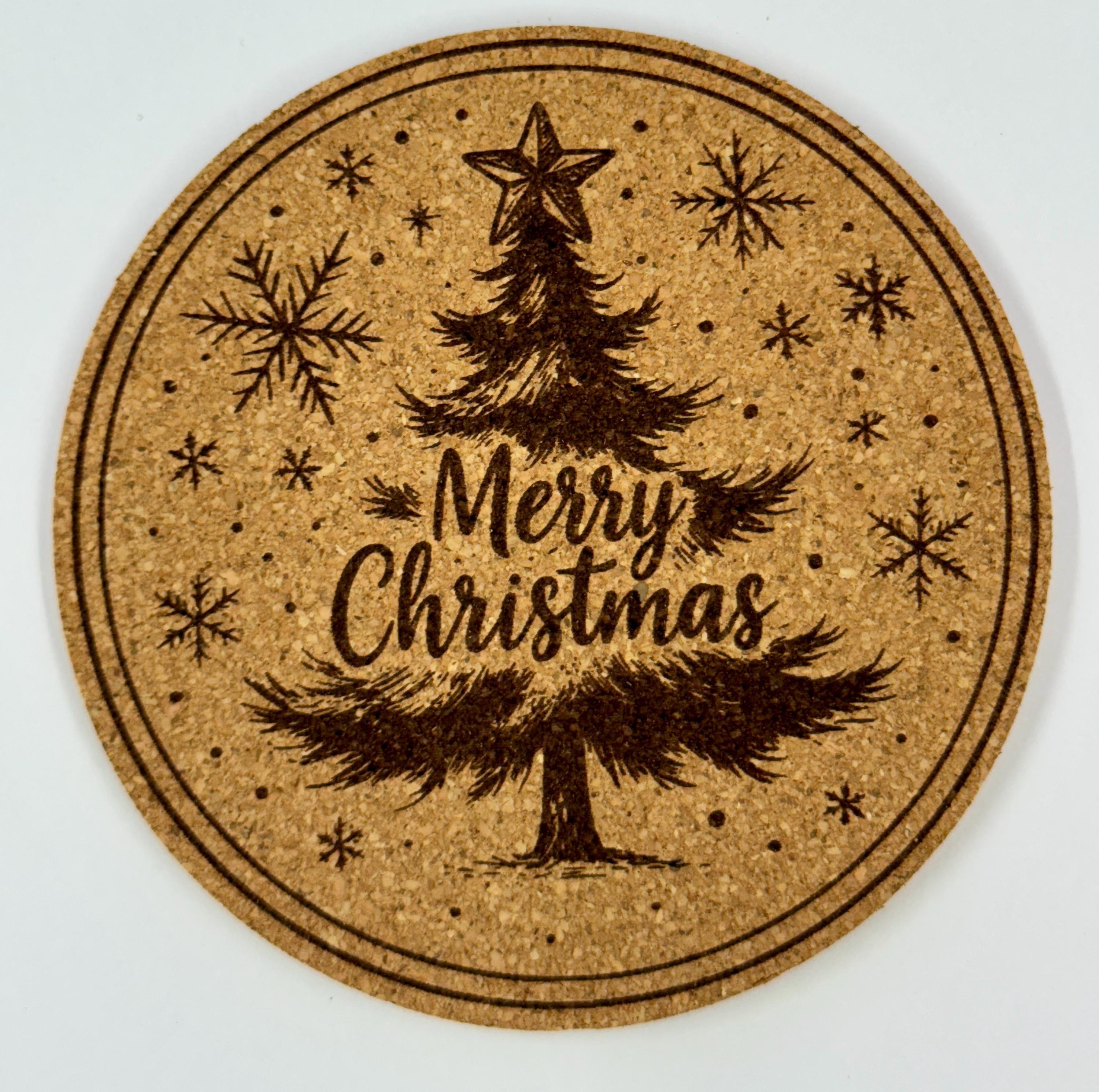 Merry Christmas Tree Cork Coaster – Classic Holiday Evergreen Design
