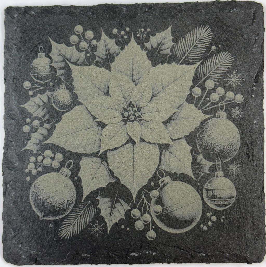 Poinsettia Christmas Slate Coaster – Traditional Holiday Greenery