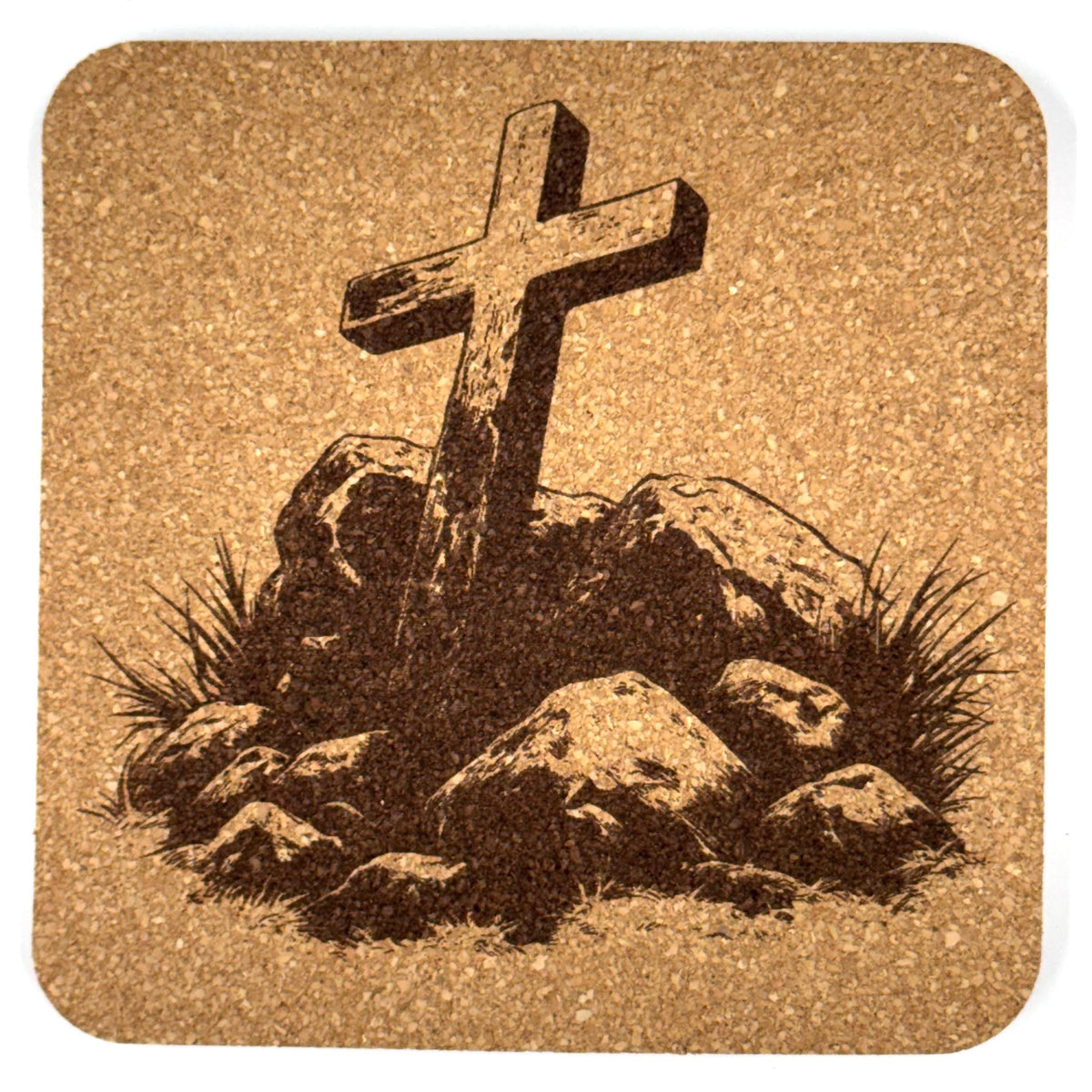 Rocky Hilltop Cross Laser Engraved Cork Coaster