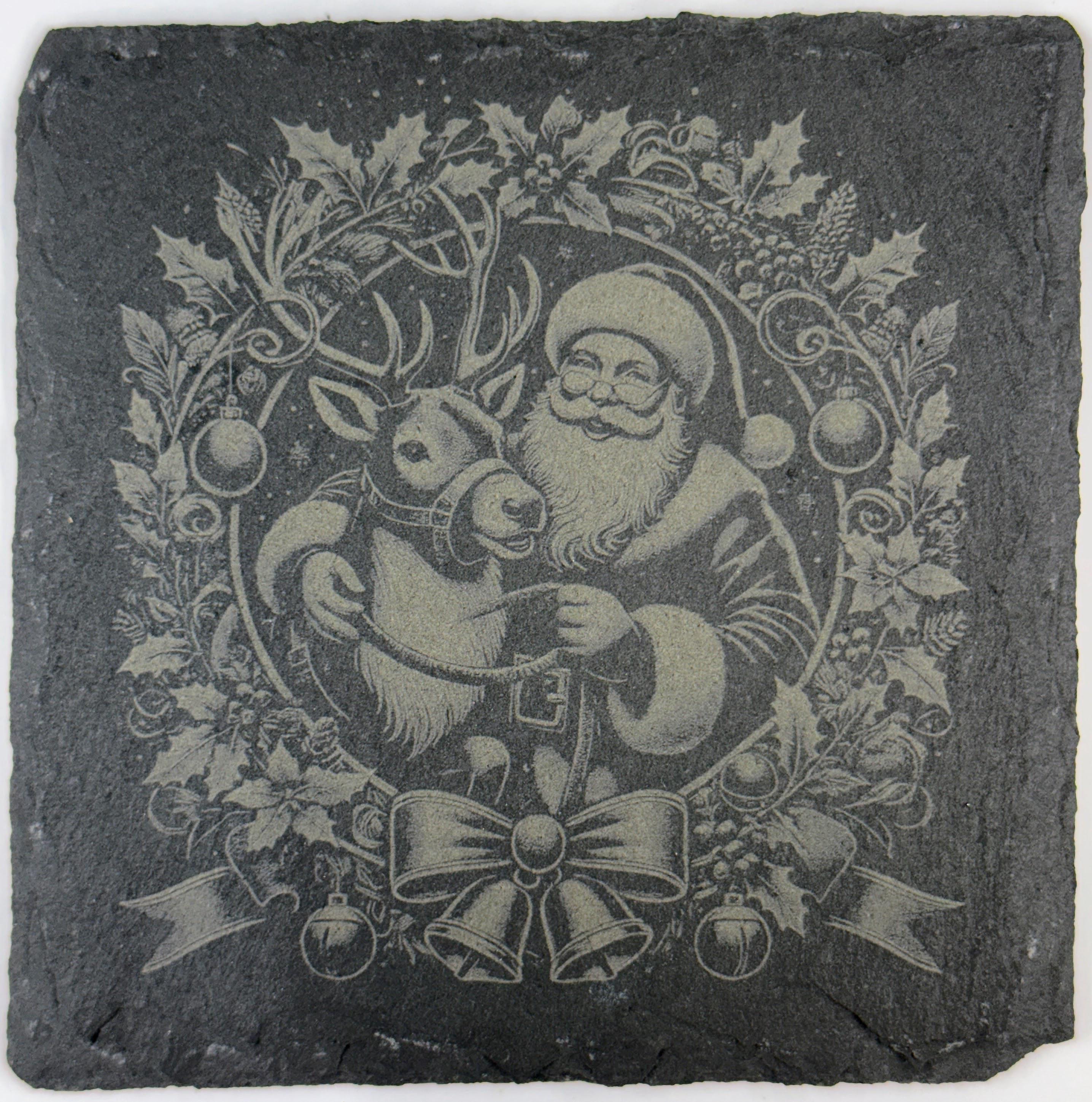 Santa and Reindeer Wreath Slate Coaster – Classic Christmas Art
