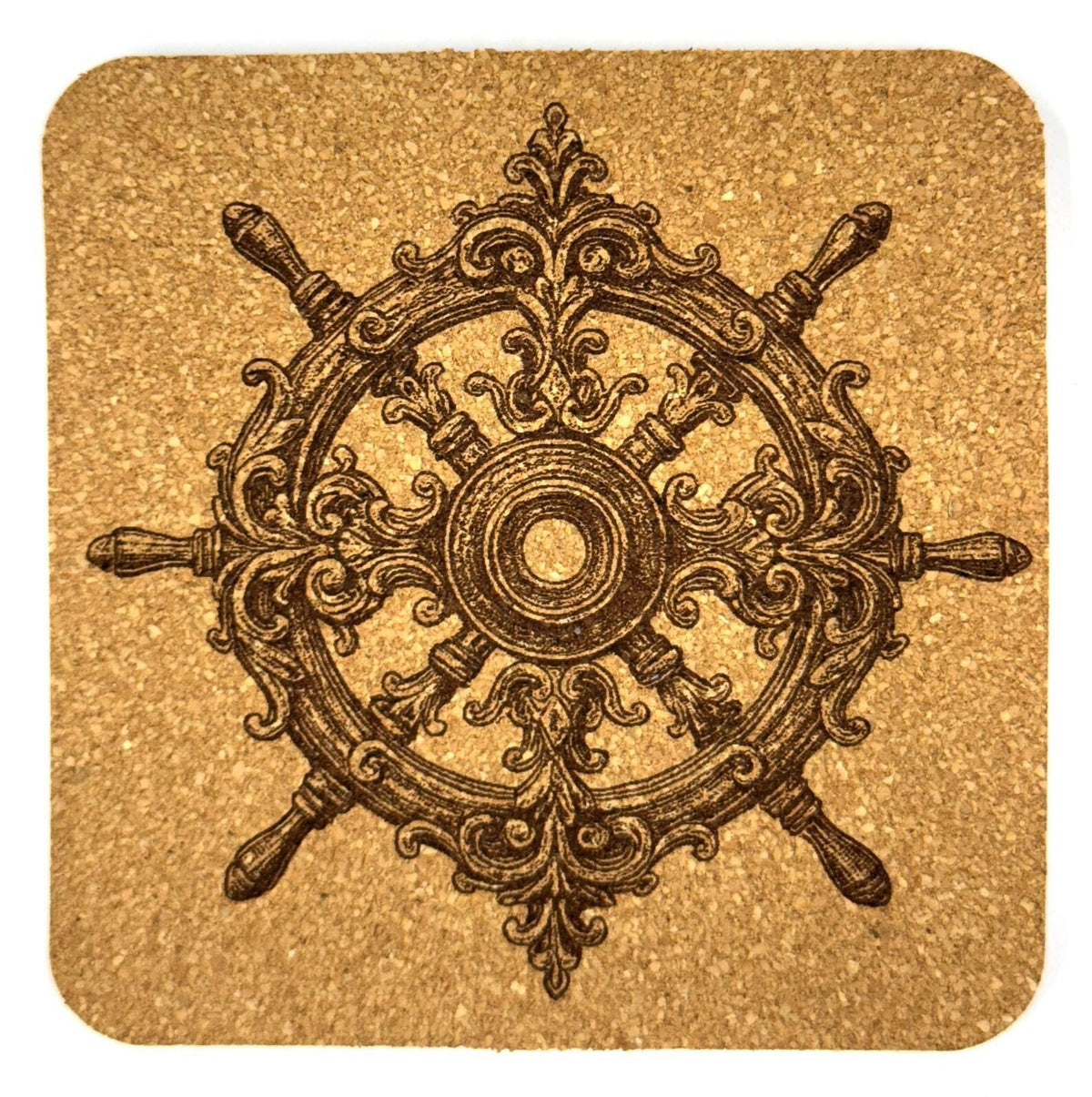 Vintage Ship Wheel Cork Coaster – Nautical Helm Engraved Drink Coaster