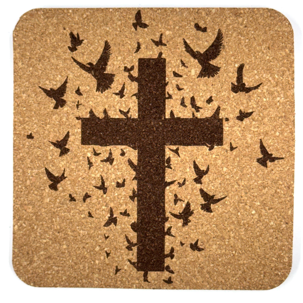 Flying Birds Cross Laser Engraved Cork Coaster