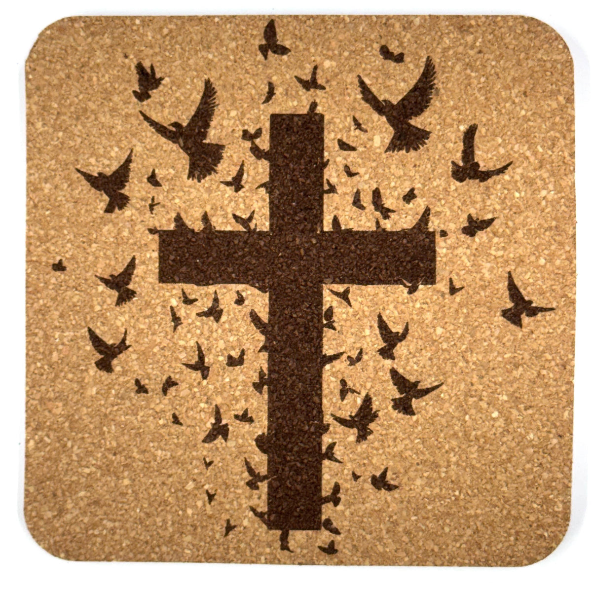 Flying Birds Cross Laser Engraved Cork Coaster