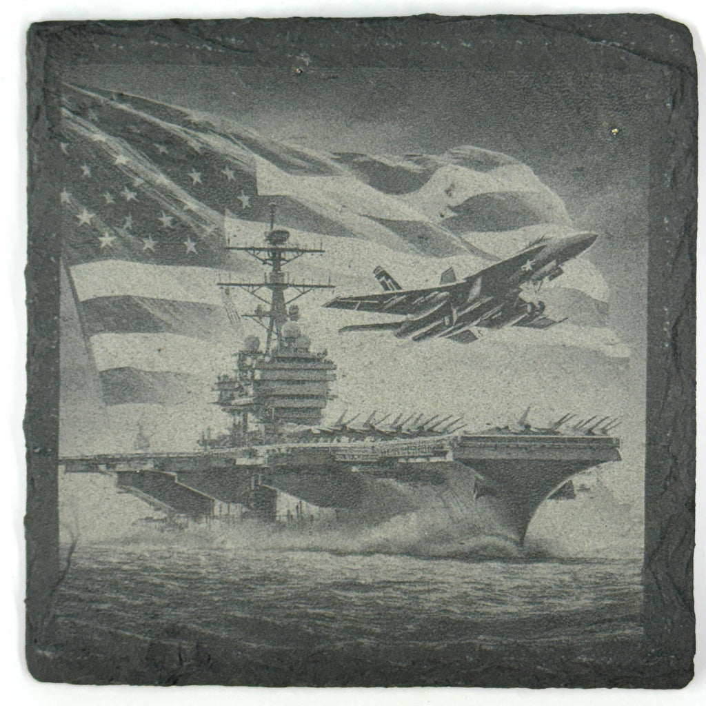 Aircraft Carrier Slate Coaster – Patriotic American Flag Naval Aviation Engraved Drink Coaster