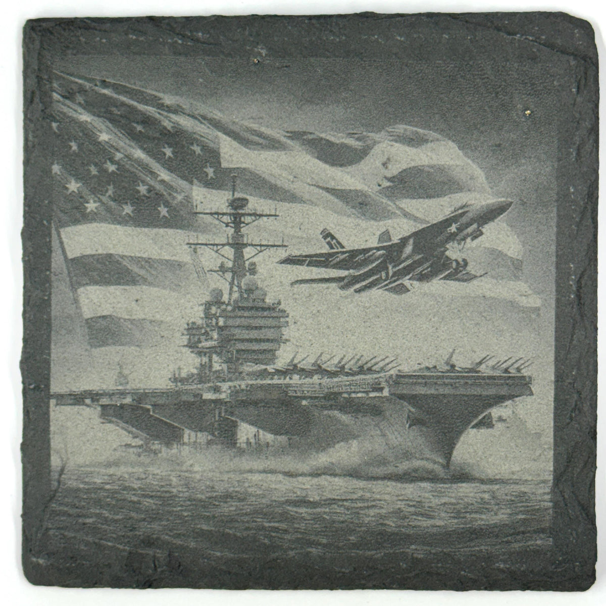 Aircraft Carrier Slate Coaster – Patriotic American Flag Naval Aviation Engraved Drink Coaster