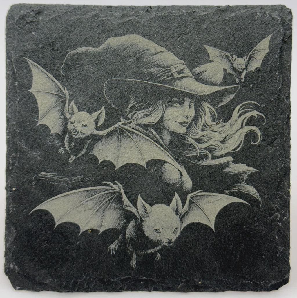 Moonlit Witch with Bats in Flight – Laser Engraved Slate Coaster