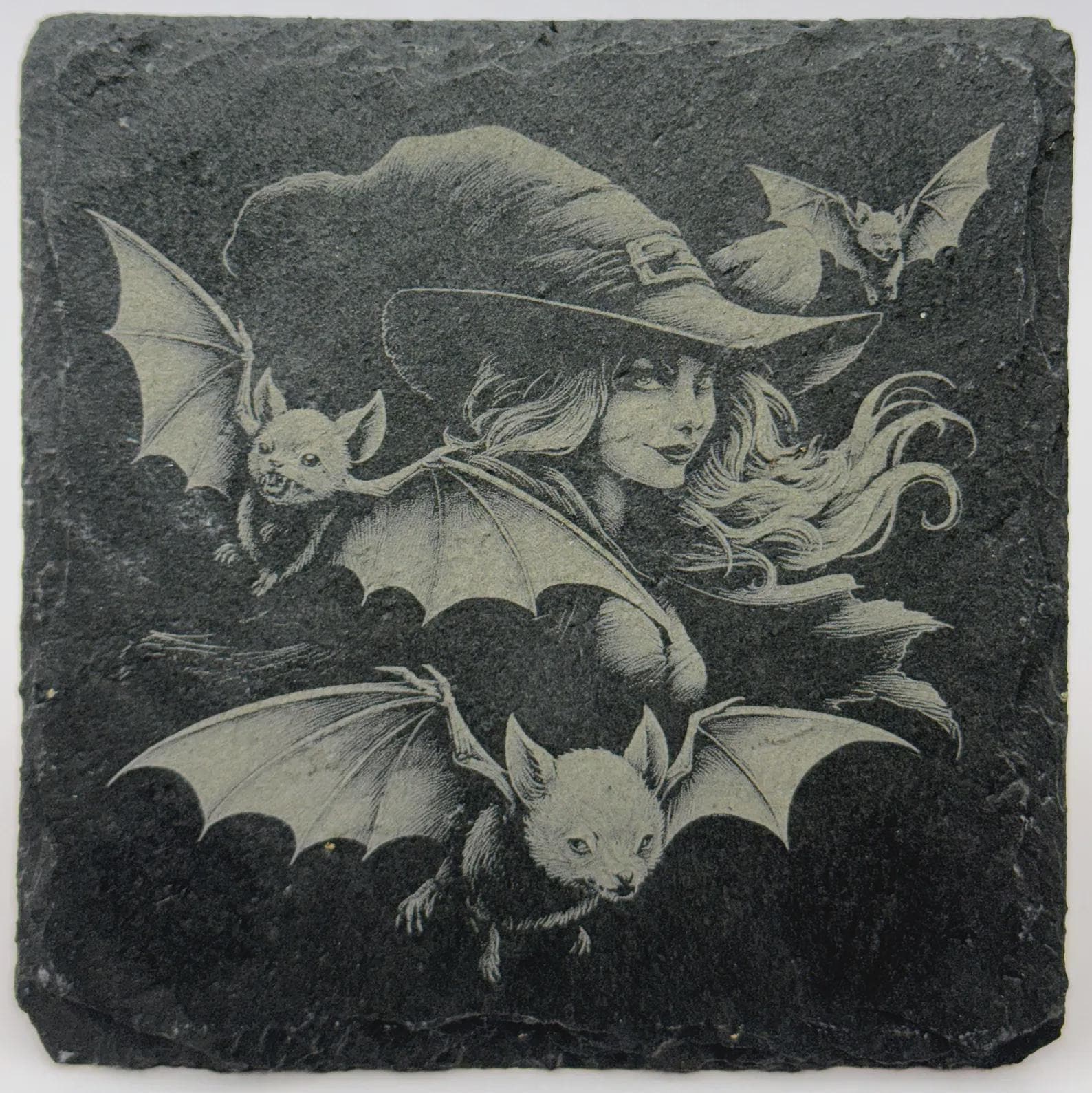 Moonlit Witch with Bats in Flight – Laser Engraved Slate Coaster