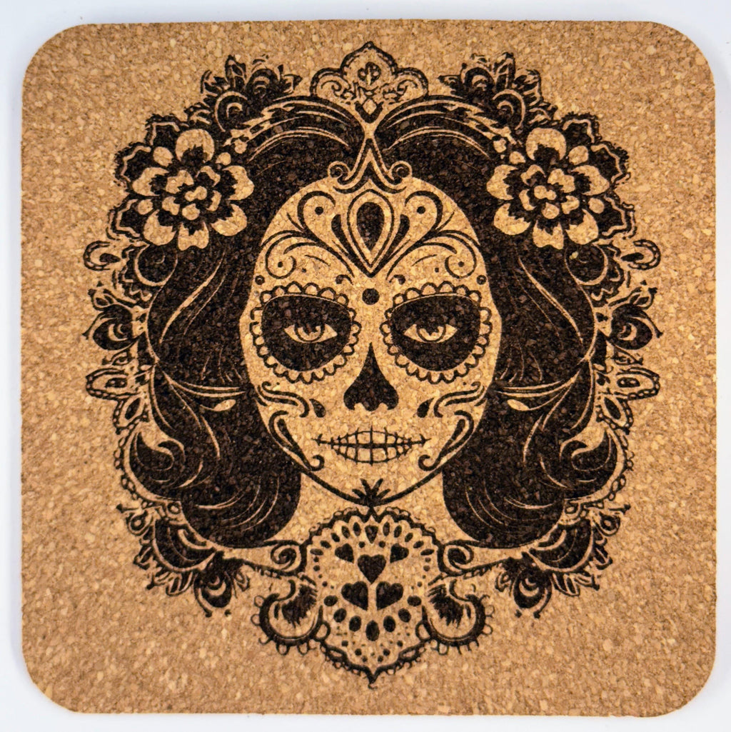 Decorative Sugar Skull Cork Coaster – Gothic Floral Portrait