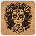 Decorative Sugar Skull Cork Coaster – Gothic Floral Portrait
