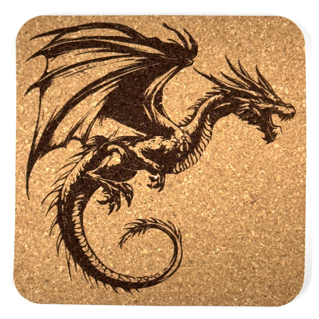 Flying Shadow Dragon Square Cork Coaster – Legendary Dragon Art