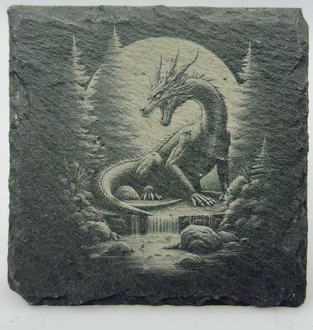 Waterfall Dragon Slate Coaster – Moonlit Fantasy Dragon Scene