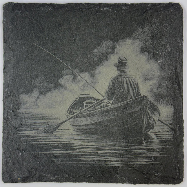 Fly Fishing Lake Slate Coaster – Angler Boat Night Scene