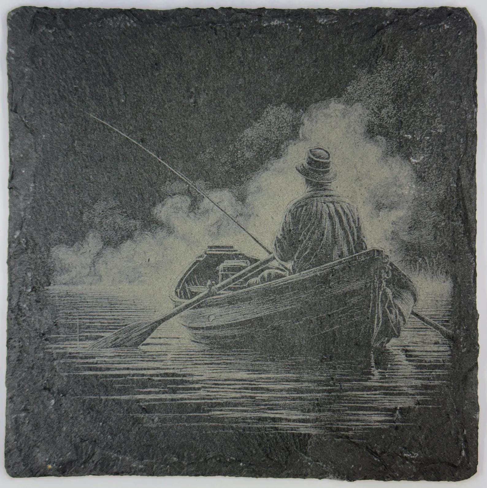 Fly Fishing Lake Slate Coaster – Angler Boat Night Scene