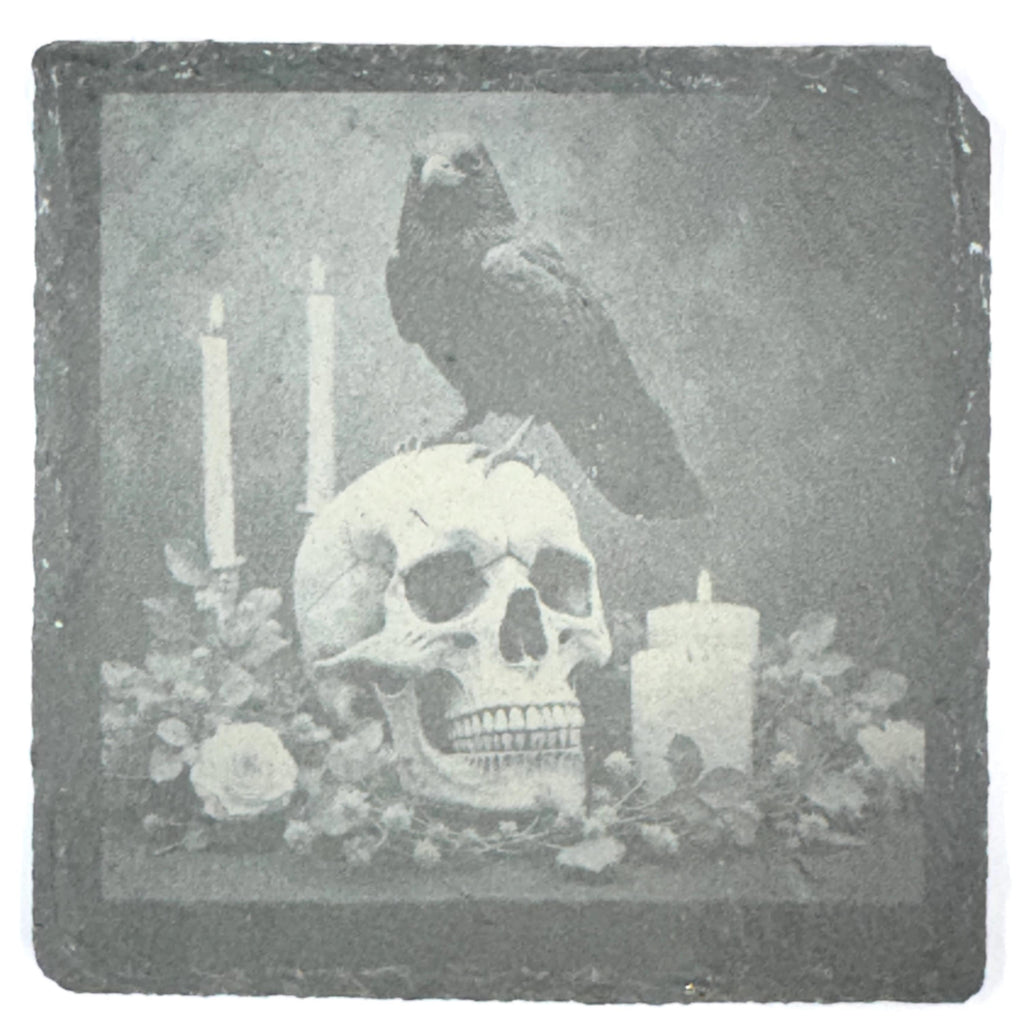 Raven Skull Roses Slate Coaster – Gothic Dark Floral Design