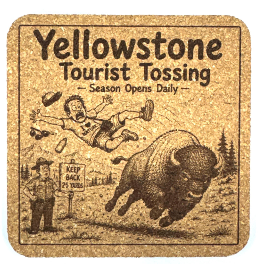 Funny Yellowstone Tourist Tossing Bison Cork Coaster