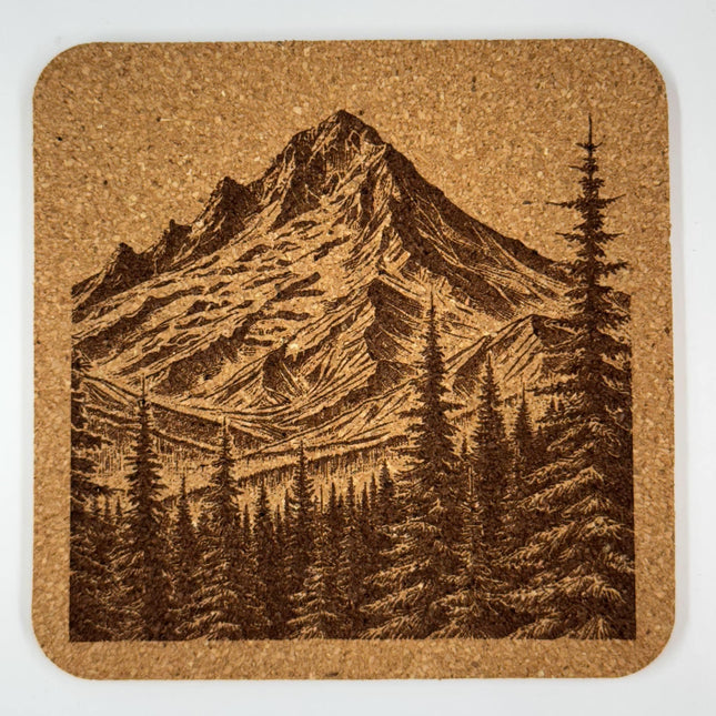 Mount Hood Coaster – Engraved Cork Drink Coaster with Mountain & Pine Forest Scene