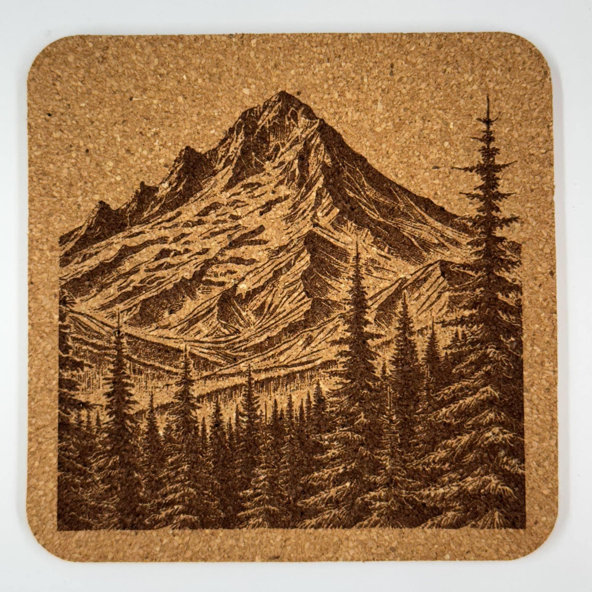 Mount Hood Coaster – Engraved Cork Drink Coaster with Mountain & Pine Forest Scene