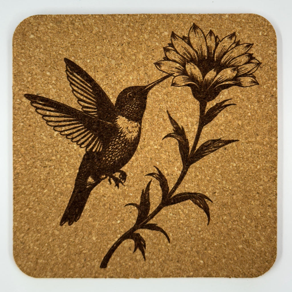 Floral Hummingbird Illustration – Rustic Cork Coaster