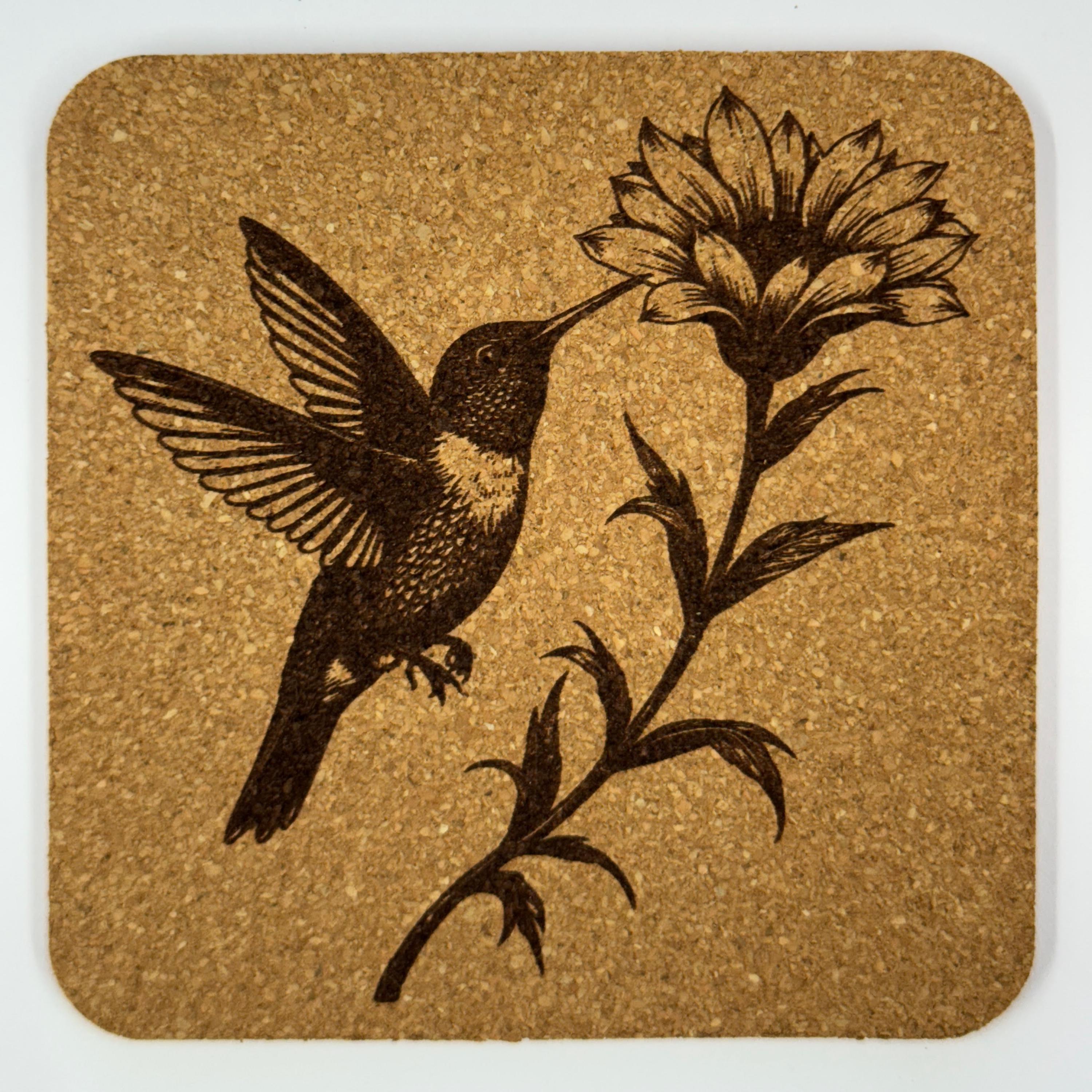 Floral Hummingbird Illustration – Rustic Cork Coaster