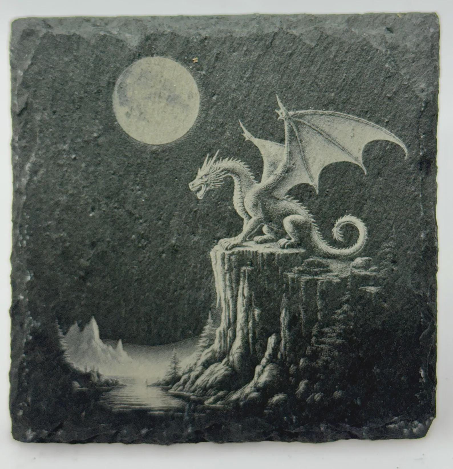 Moonlit Ledge Dragon Slate Coaster – Fantasy Dragon Night Scene