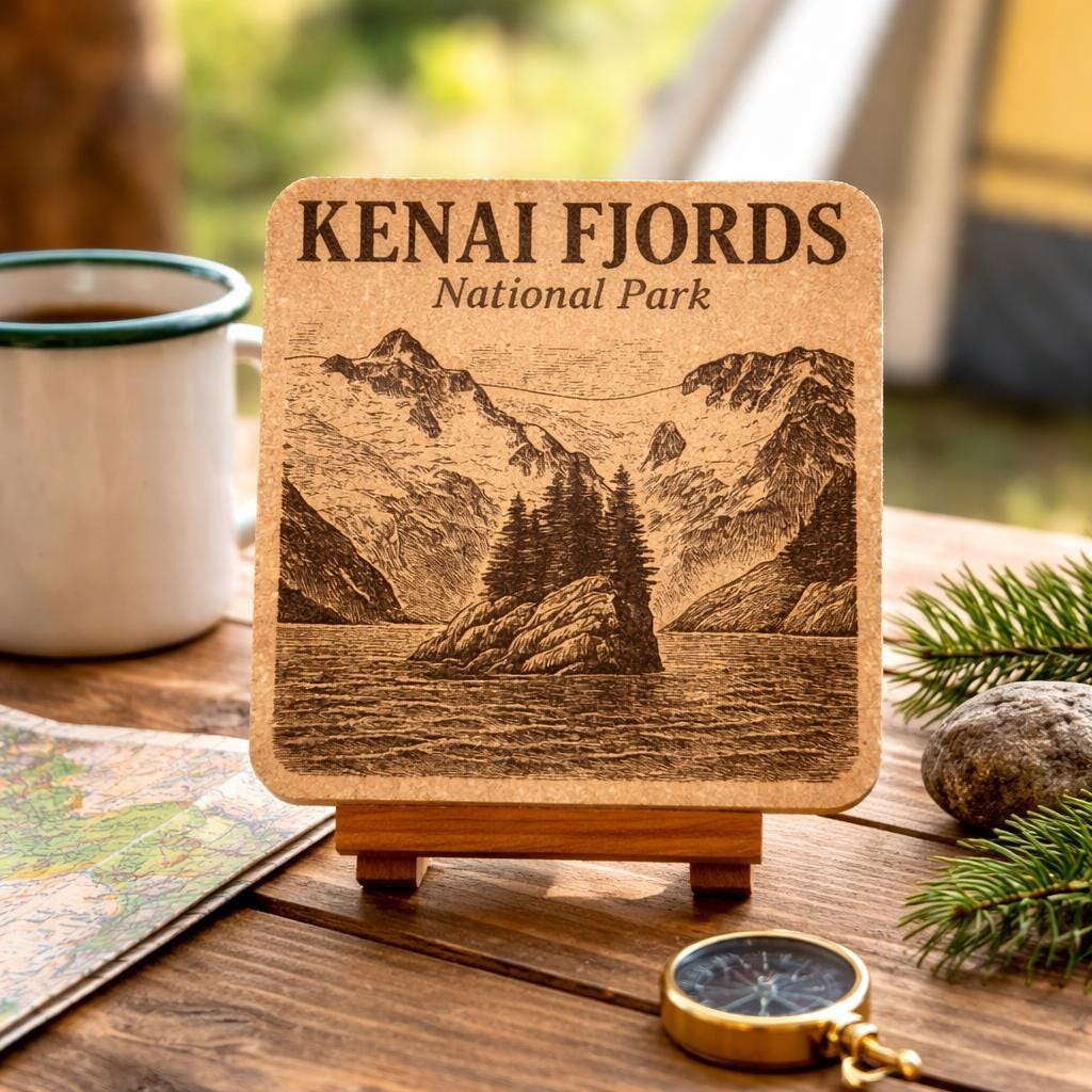Kenai Fjords National Park Cork Coaster – Alaska Fjord Art