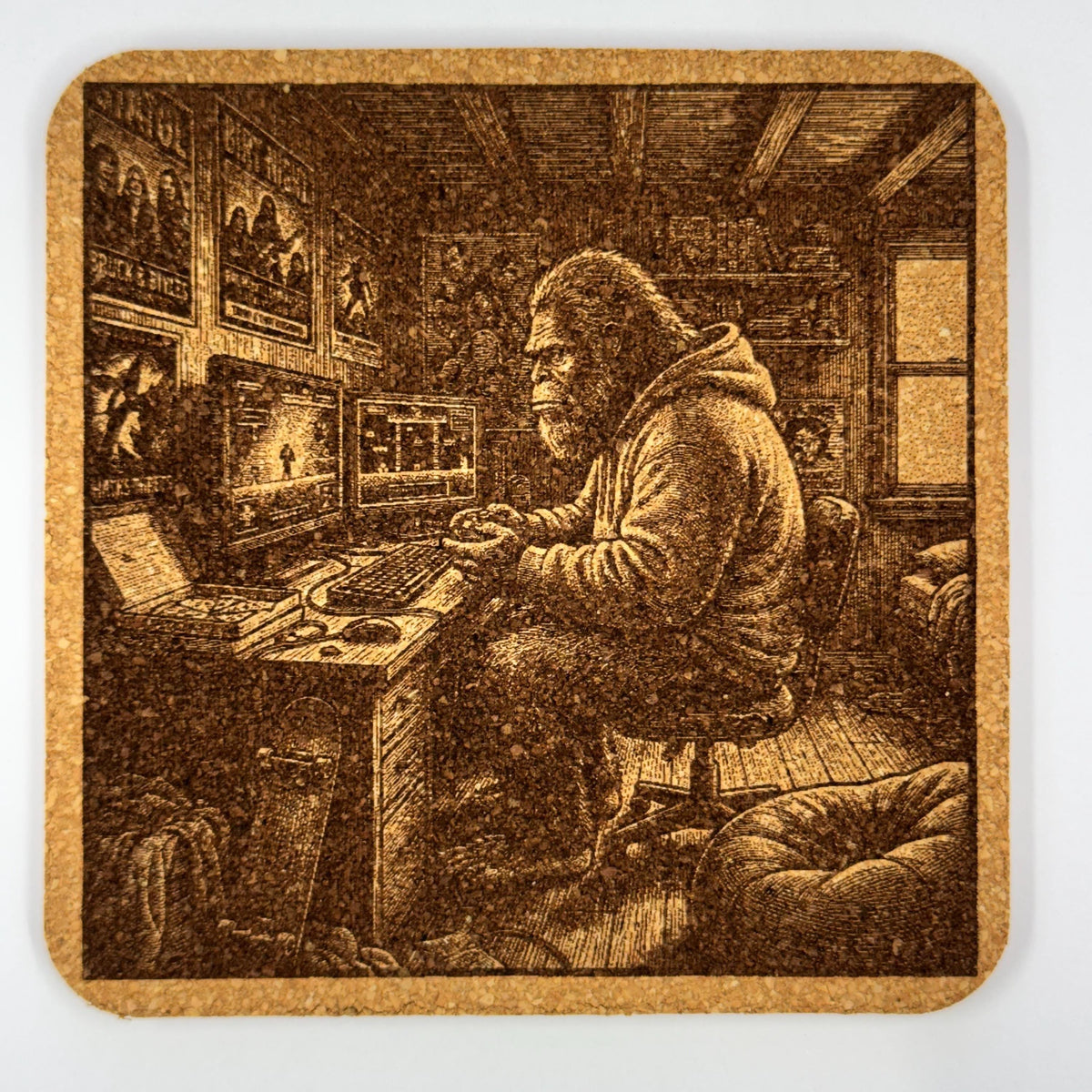 Bigfoot Hoodie Gamer Cork Coaster – Sasquatch Gaming Desk