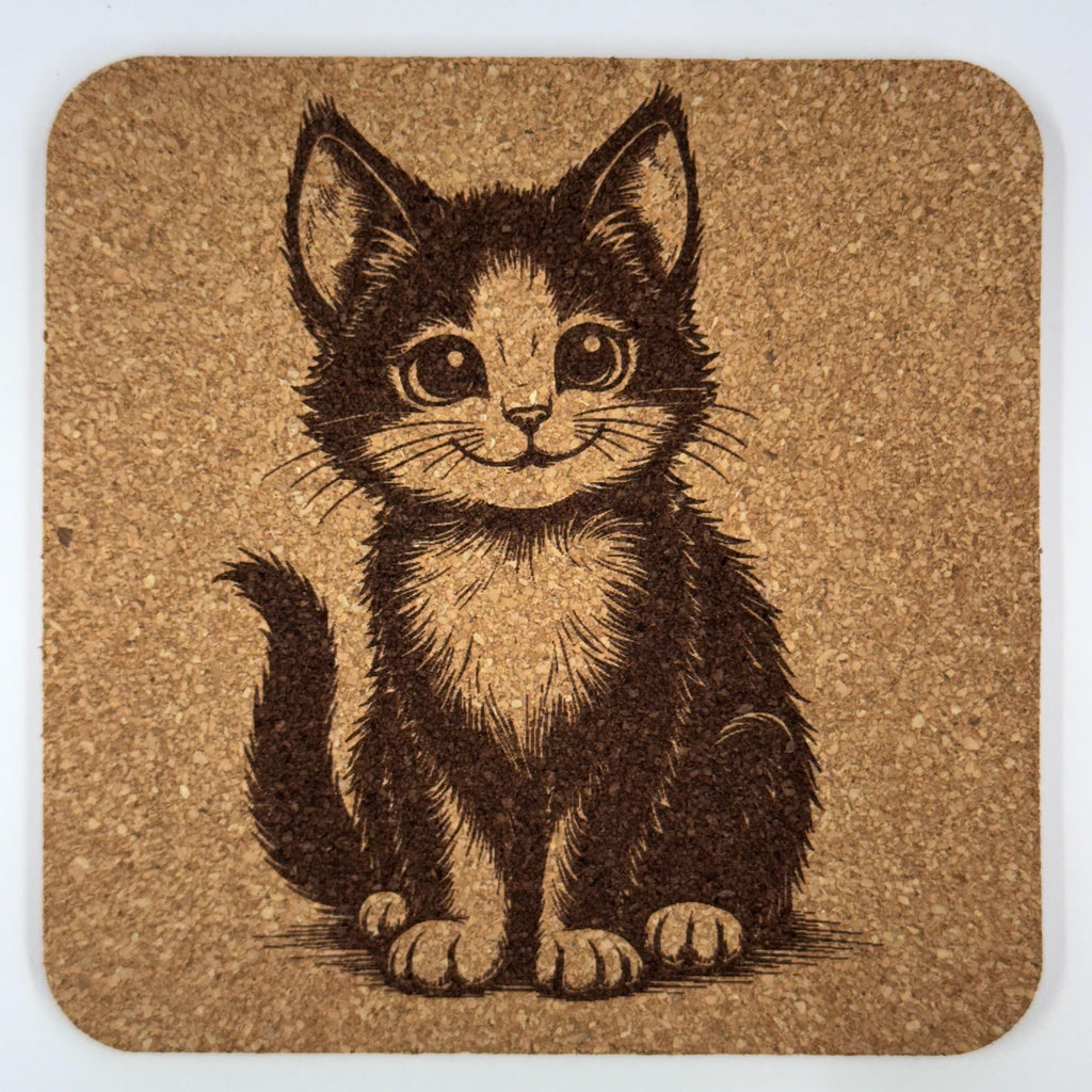 Happy Kitten Illustration – Rustic Cat Cork Coaster