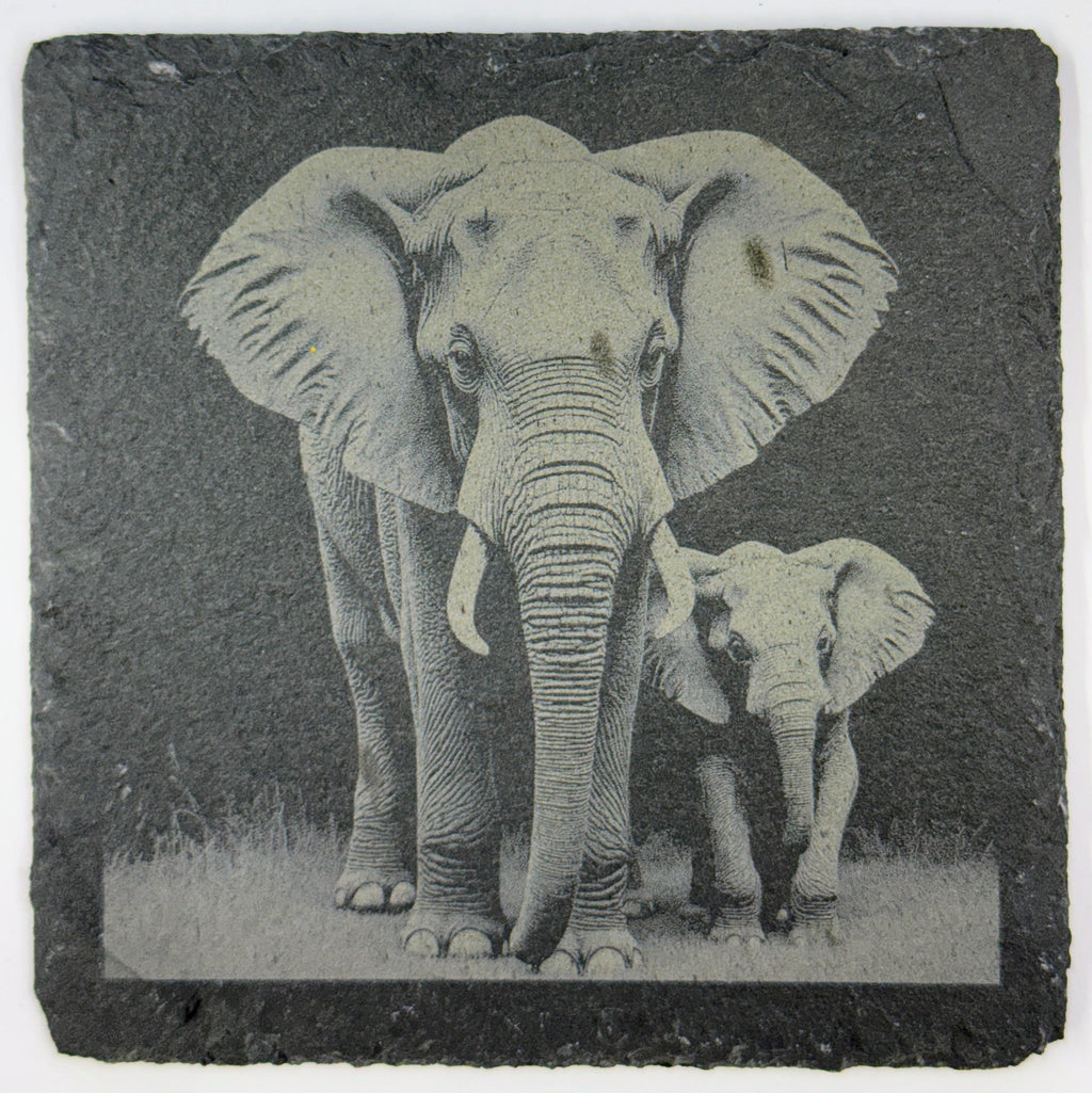 Protective Elephant and Calf – Engraved Slate Coaster