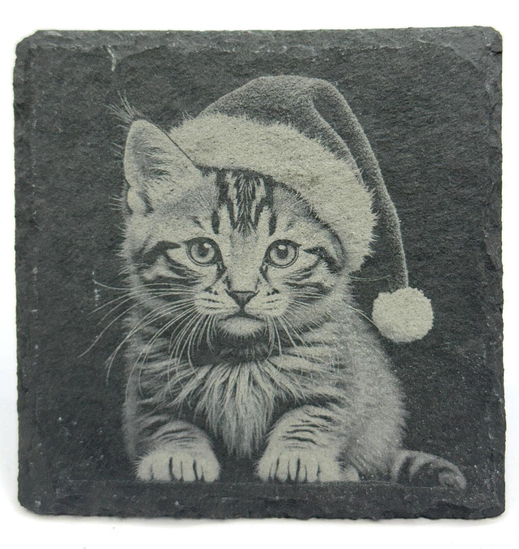 Christmas Kitten Slate Coaster – Cat in Santa Hat Holiday Art