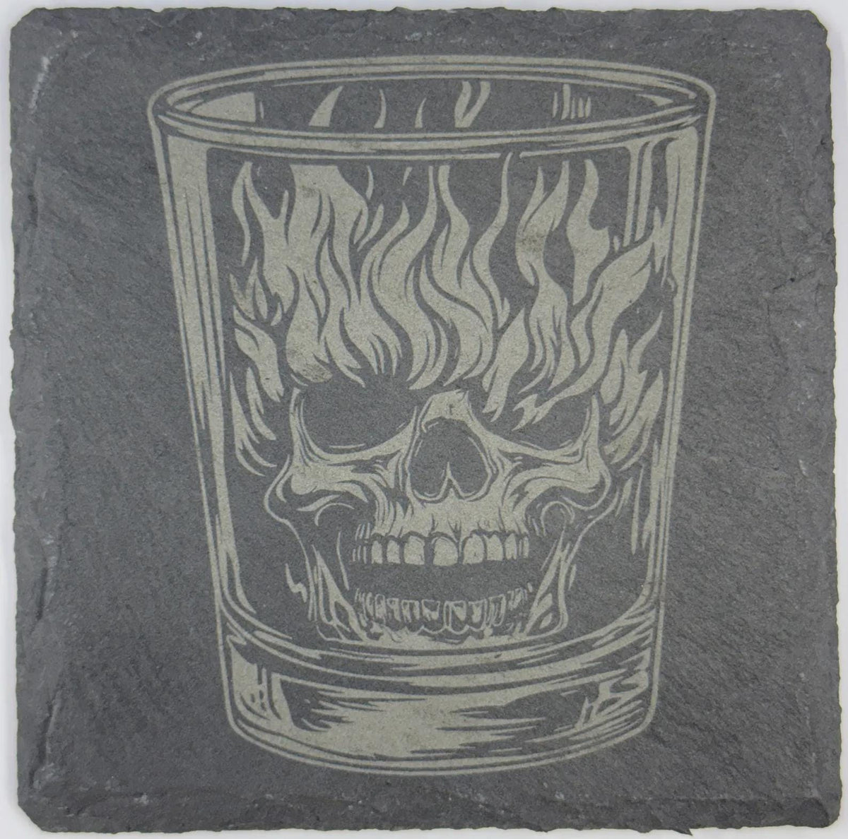Skull with Flames in Rocks Glass – Dark Bar Slate Coaster