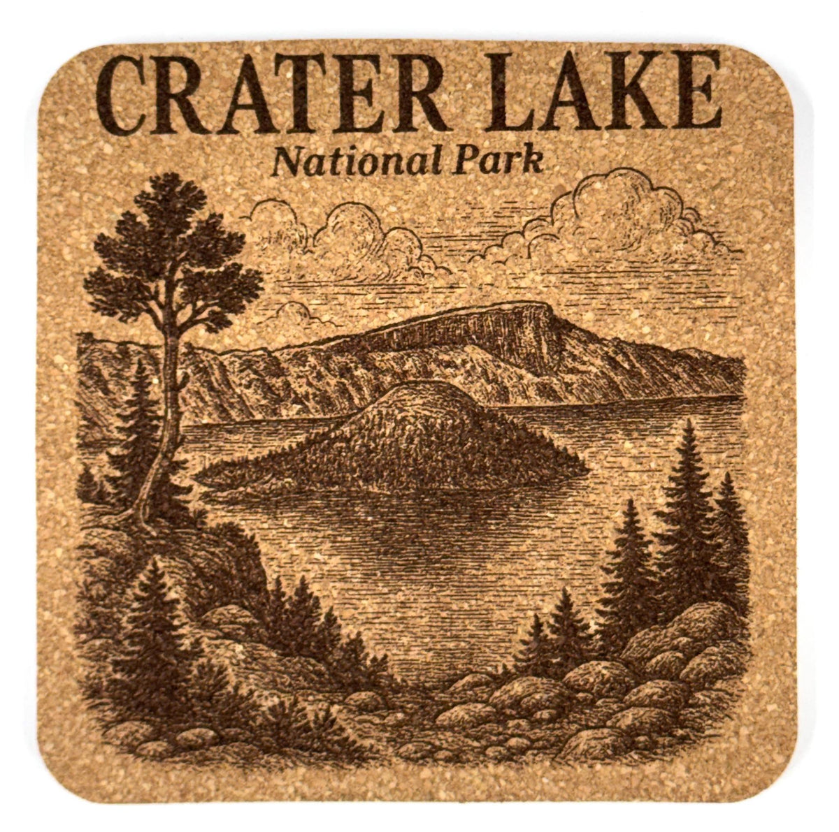 Crater Lake National Park Laser Engraved Cork Coaster – Oregon Volcanic Scene