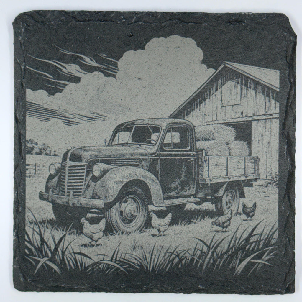 Old Farm Pickup by the Barn – Rustic Slate Coaster