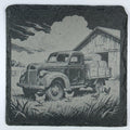 Old Farm Pickup by the Barn – Rustic Slate Coaster