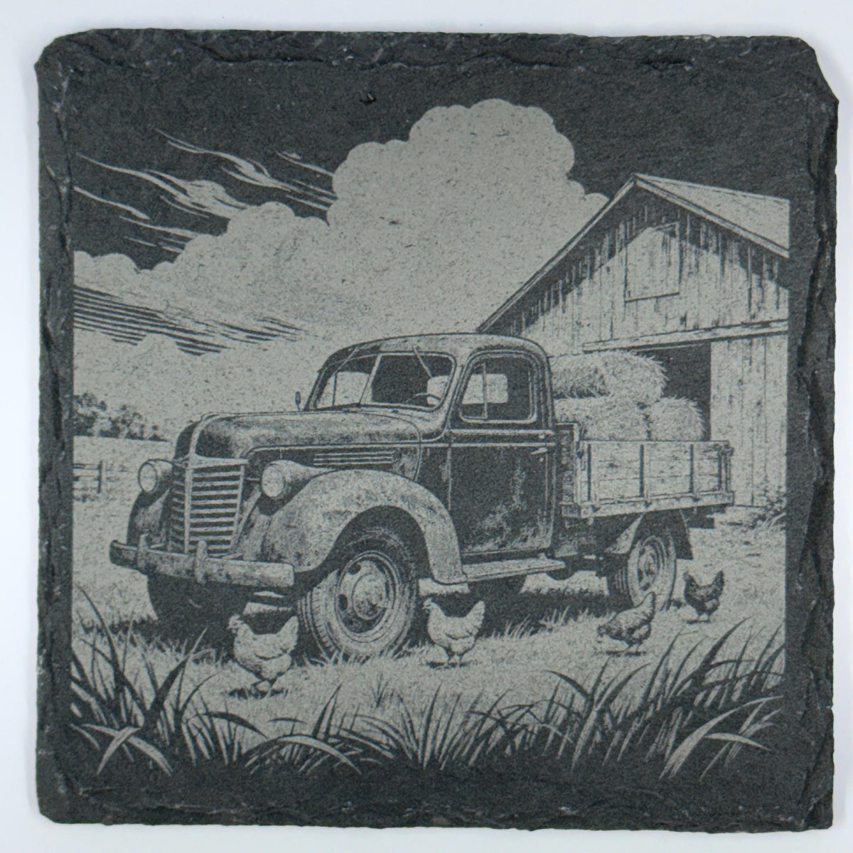 Old Farm Pickup by the Barn – Rustic Slate Coaster