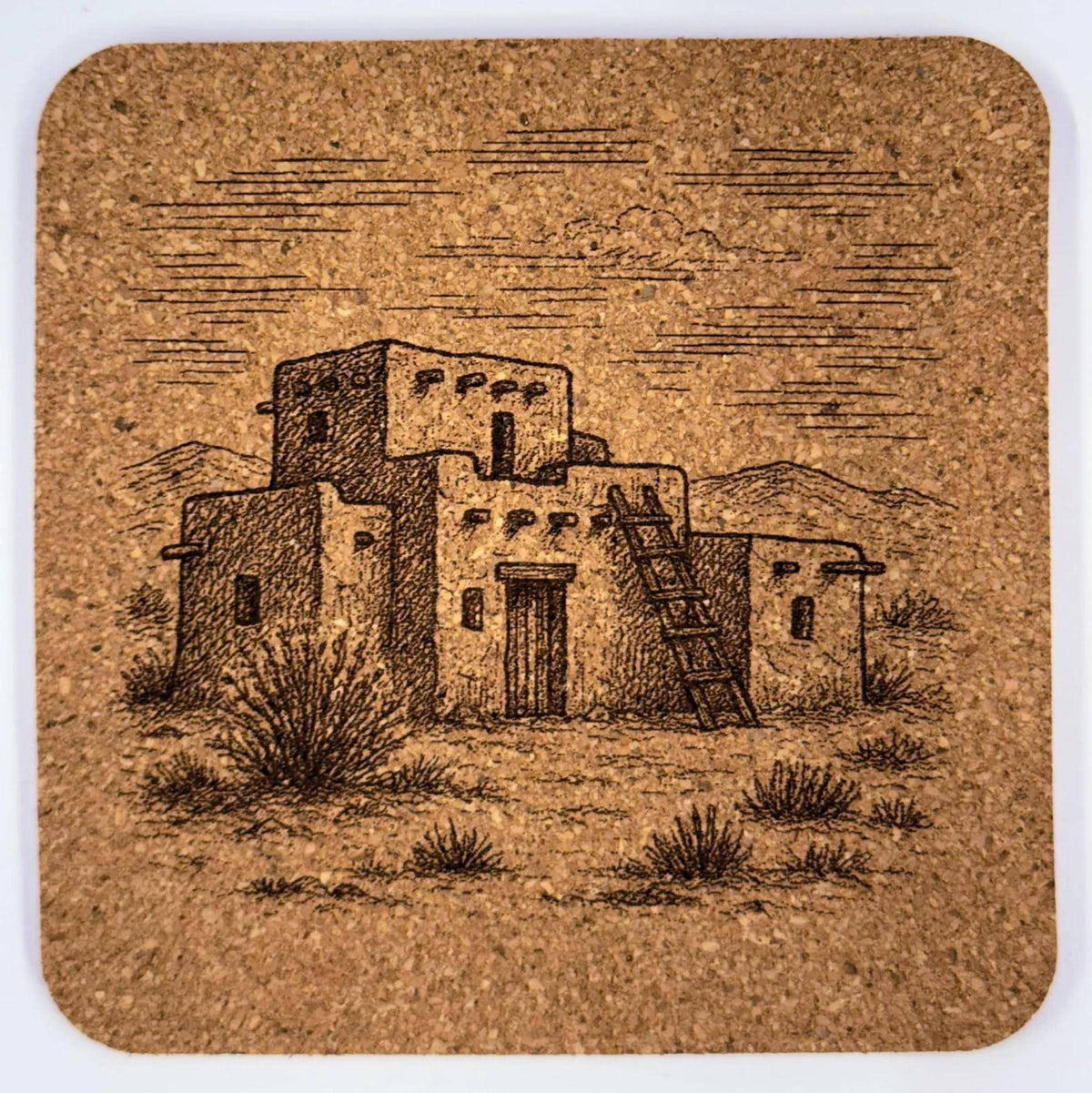 Southwestern Adobe Pueblo Cork Coaster – Desert Architecture Western Art
