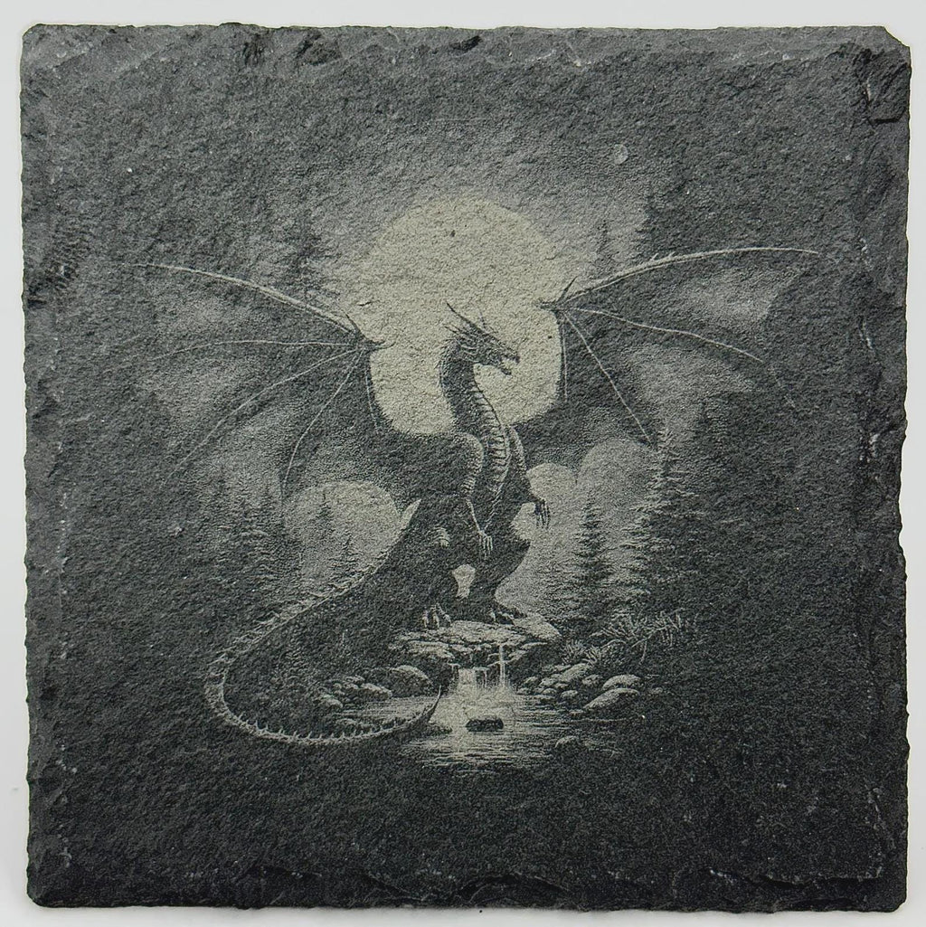 Moonlit Forest Dragon Slate Coaster – Fantasy Dragon Night Scene