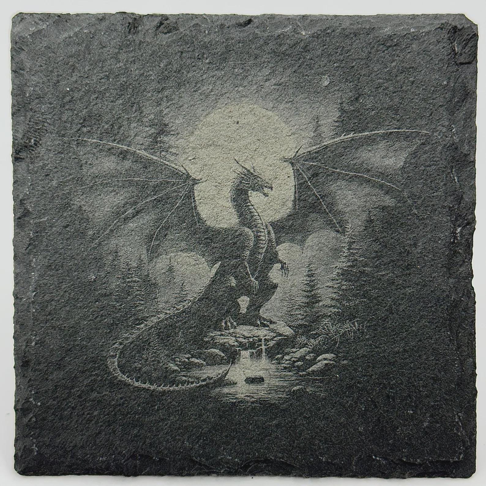 Moonlit Forest Dragon Slate Coaster – Fantasy Dragon Night Scene