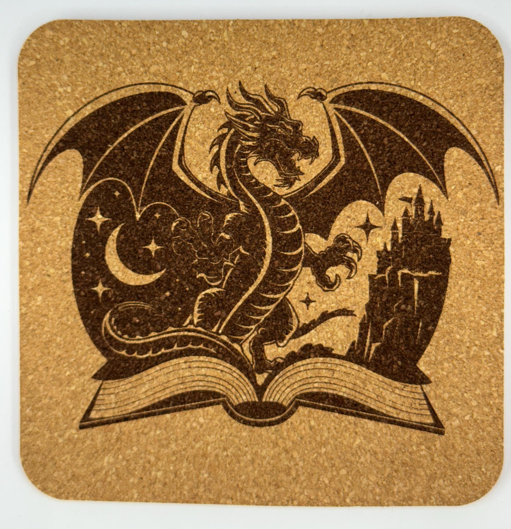 Storybook Dragon Rising from an Open Book – Fantasy Cork Coaster