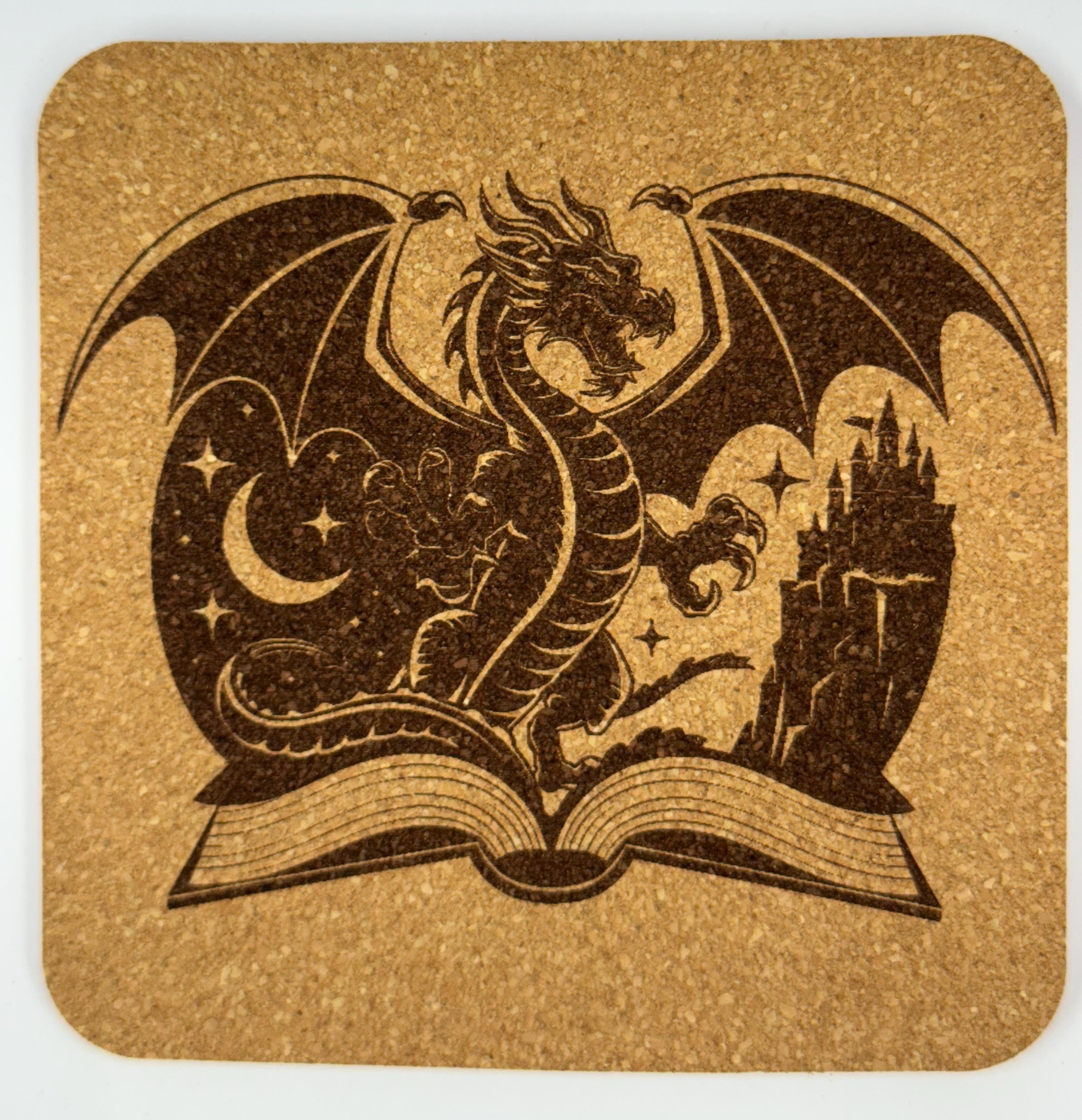 Storybook Dragon Rising from an Open Book – Fantasy Cork Coaster