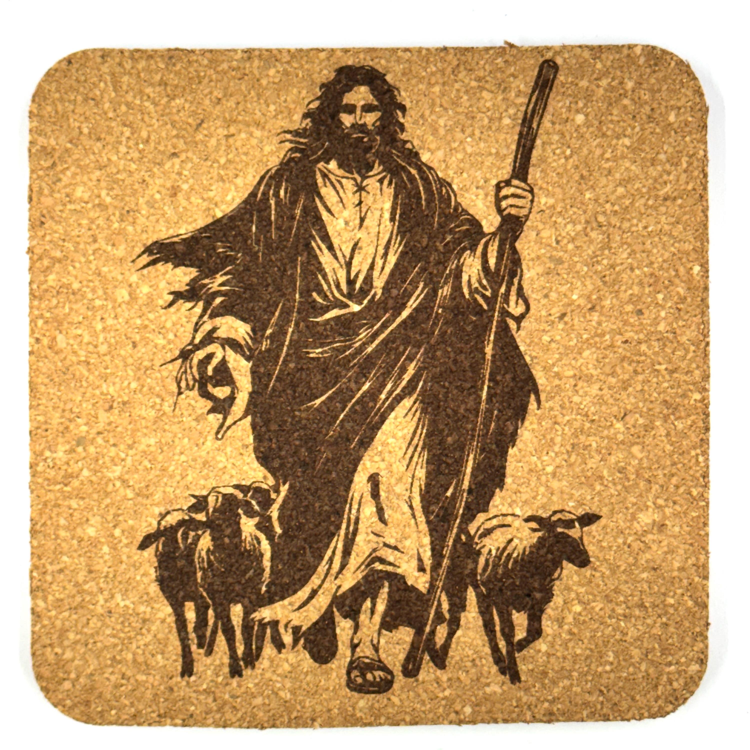 Jesus Good Shepherd Coaster, Christian Engraved Cork Coaster with Sheep
