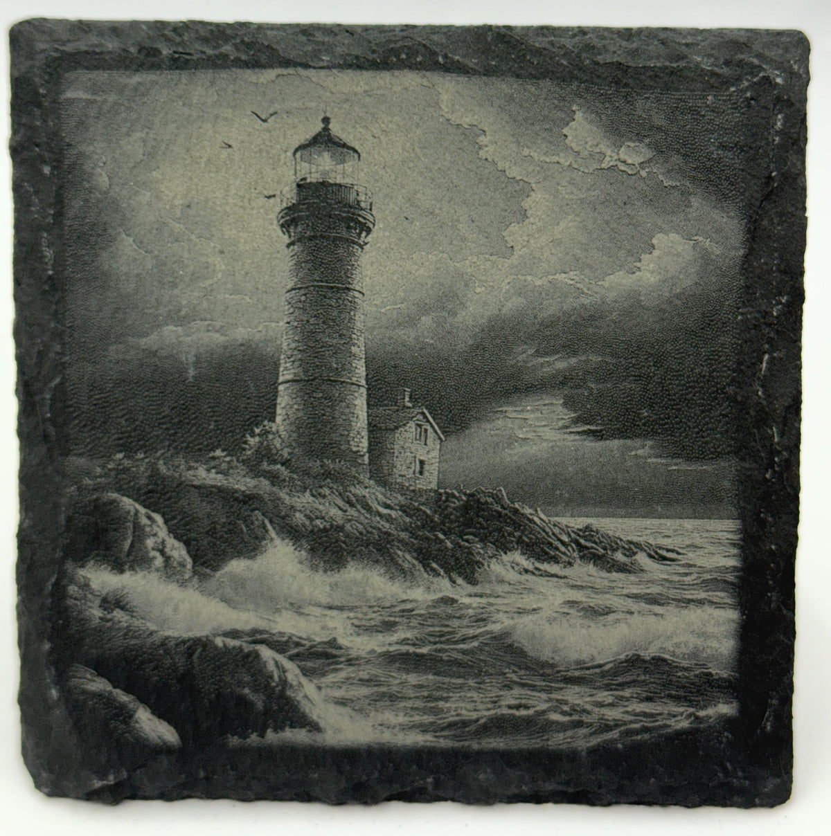 Stormy Lighthouse Slate Coaster – Coastal Ocean Artwork