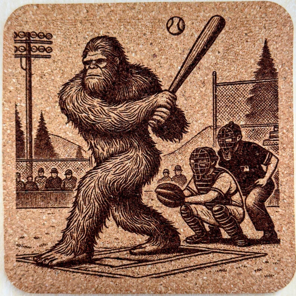 Bigfoot Baseball Cork Coaster – Funny Sasquatch Slugger Sports Art